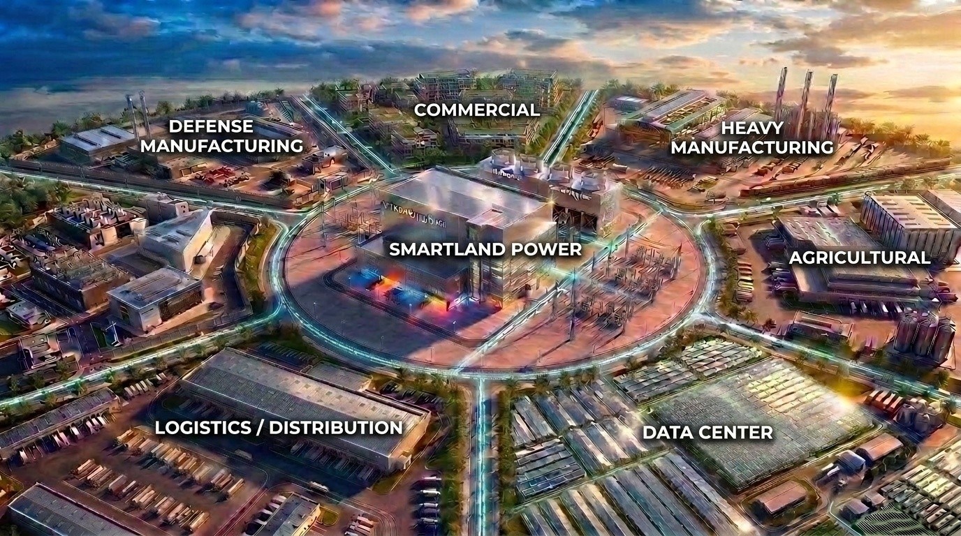 Smartland Power: central generation site delivering dedicated behind-the-meter power to data center, heavy manufacturing, defense manufacturing, commercial, agricultural, and logistics and distribution offtakers