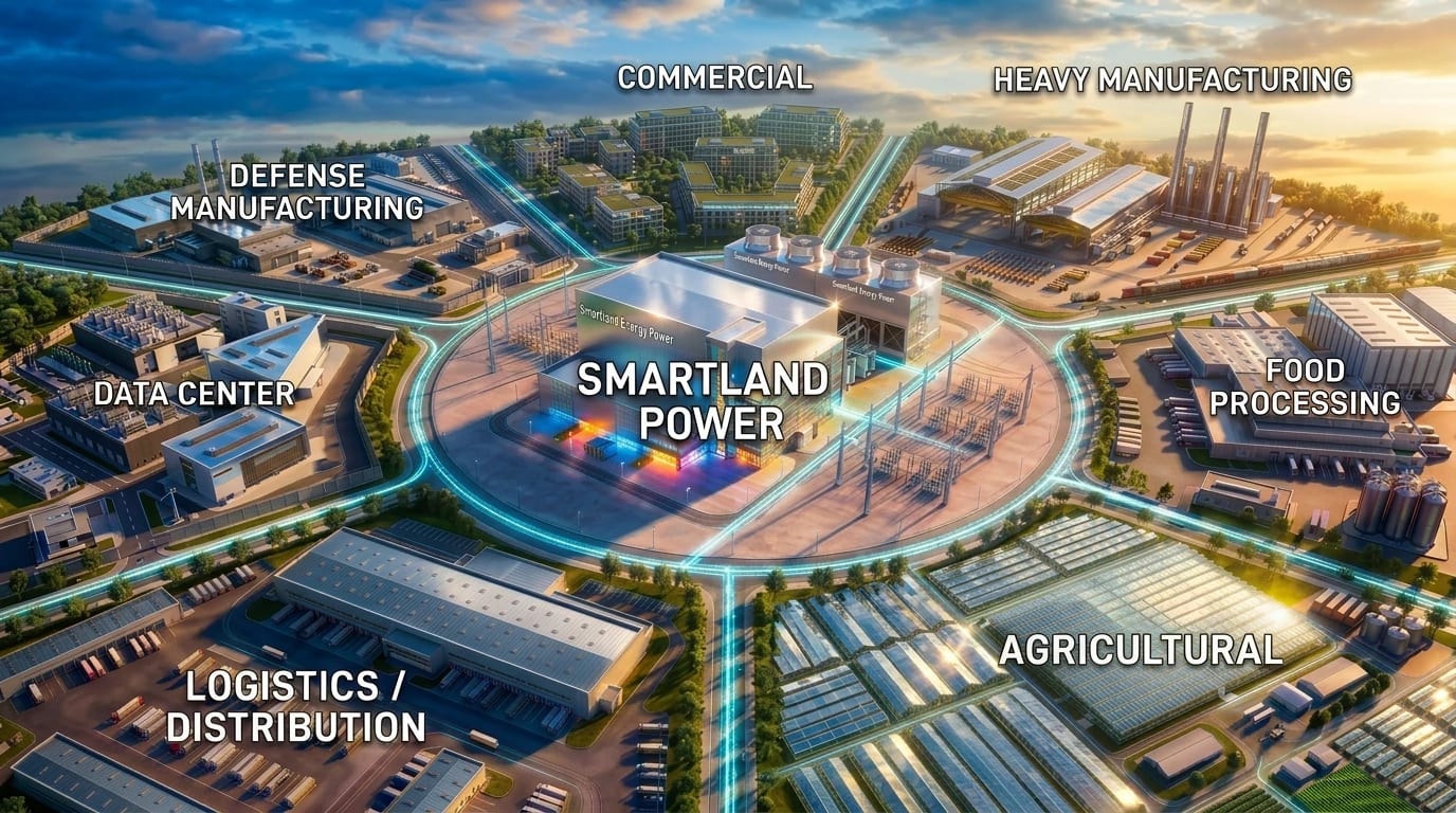 Smartland Power - central generation site delivering dedicated behind‑the‑meter power to data center, heavy manufacturing, defense manufacturing, commercial, food processing, agricultural, and logistics offtakers